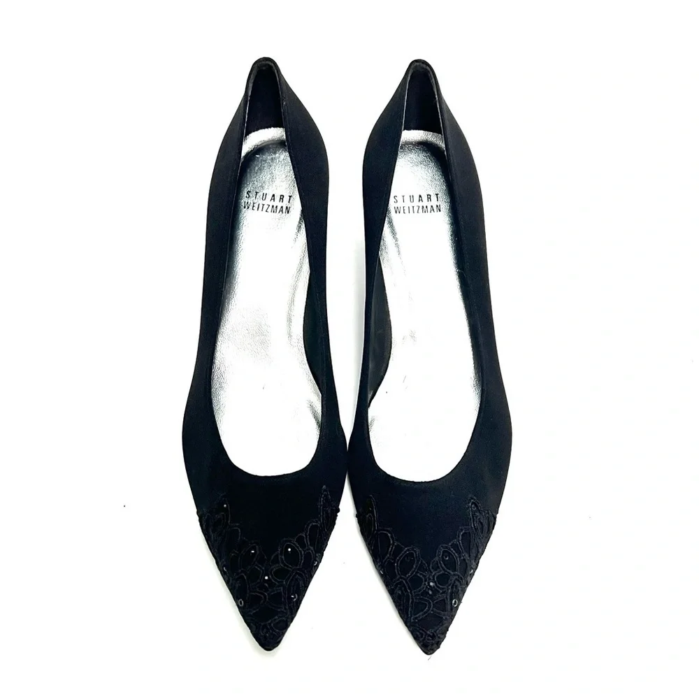Vintage 1990s deadstock black nylon rhinestone lace pointed toe kitten heels